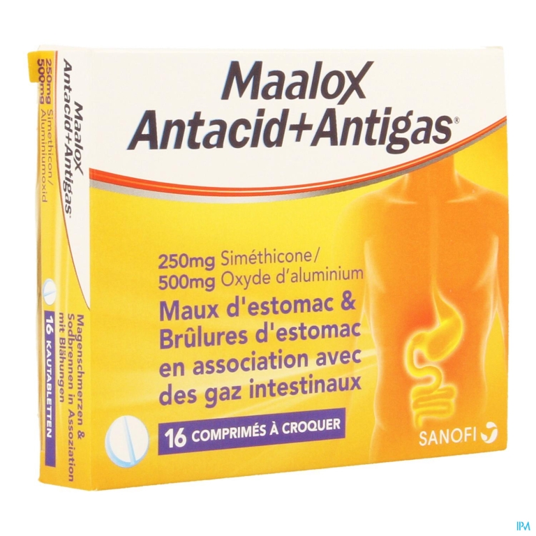 Maalox Antacid+antigas 250mg/500mg Kauwtabl 16