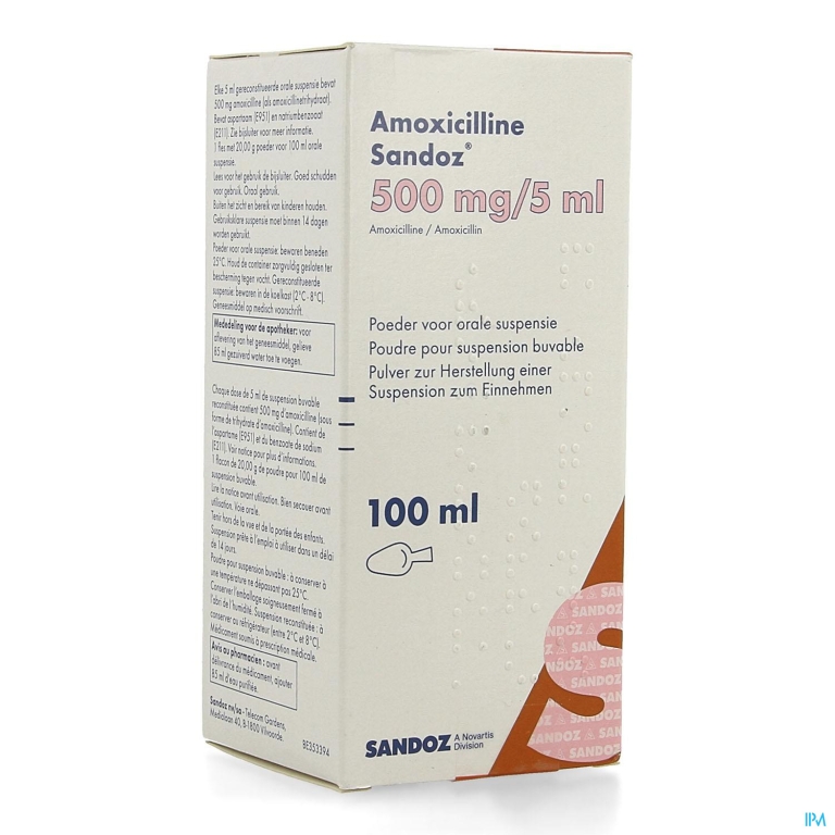 Amoxicilline Sandoz 500mg/5ml Pdr Orale Susp 100ml